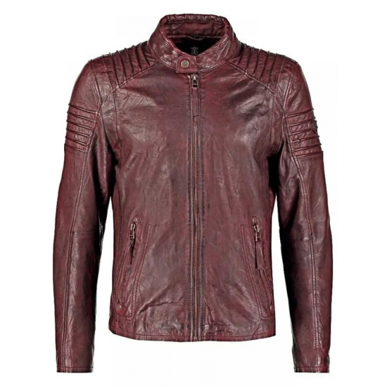 Mens Waxed Leather Cafe Racer Biker Jacket Copper Burgundy