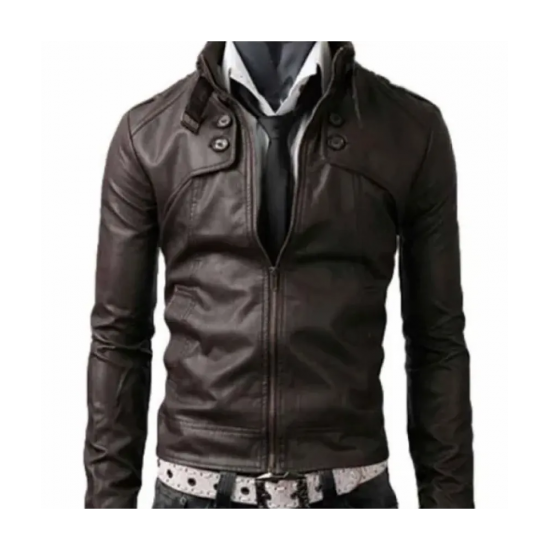 Mens Belted Buckle Collar Slim Fit Dark Brown Jacket