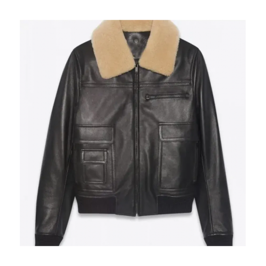 Mens Black Sheepskin Leather Aviator Jacket with Removable Fur Collar