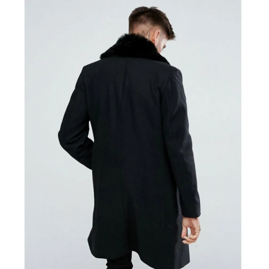 Mens Blue Peacoat with Faux Fur Trimmed