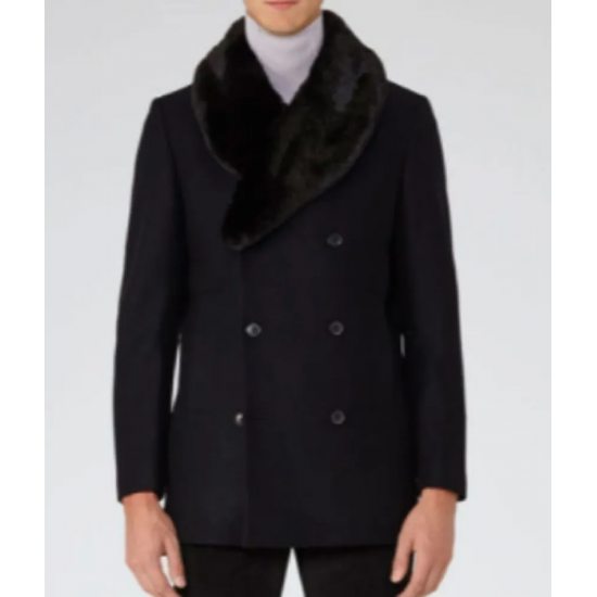 Mens Blue Peacoat with Faux Fur Trimmed