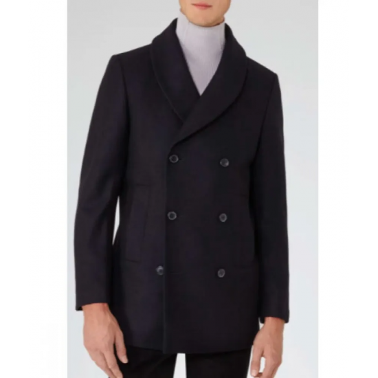 Mens Blue Peacoat with Faux Fur Trimmed