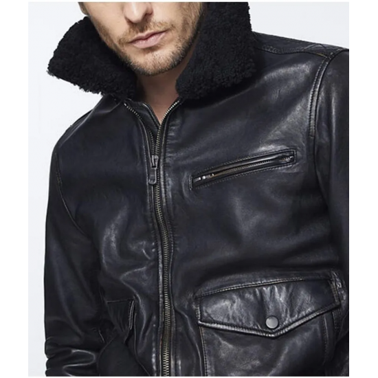 Mens Bomber Black Jacket with Sherpa Collar