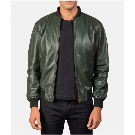 Mens Bomber Casual Green Leather Jacket