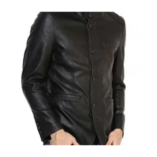 Mens Button Closure Casual Stand Up Collar Black Leather Blazer