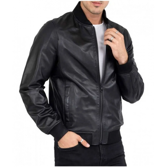 Mens Casual Bomber Real Black Leather Jacket