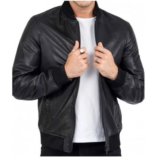 Mens Casual Bomber Real Black Leather Jacket