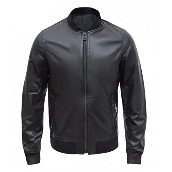 Mens Casual Bomber Real Black Leather Jacket