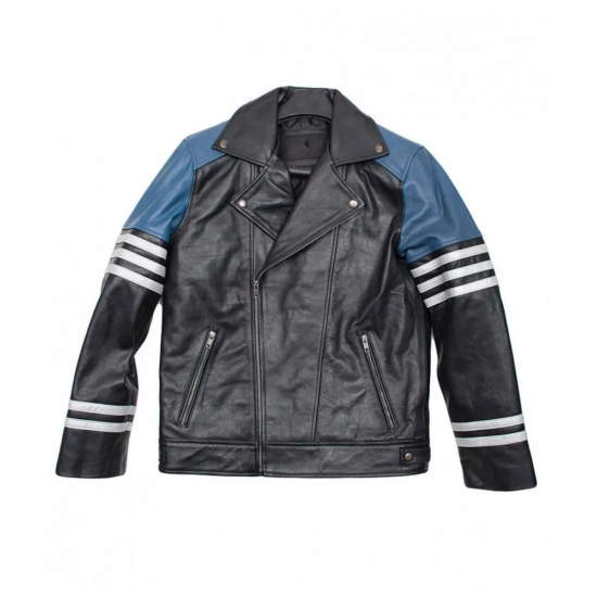 Mens Classic Black and Blue Striped Leather Biker Jacket