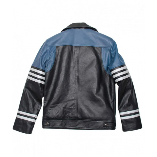 Mens Classic Black and Blue Striped Leather Biker Jacket