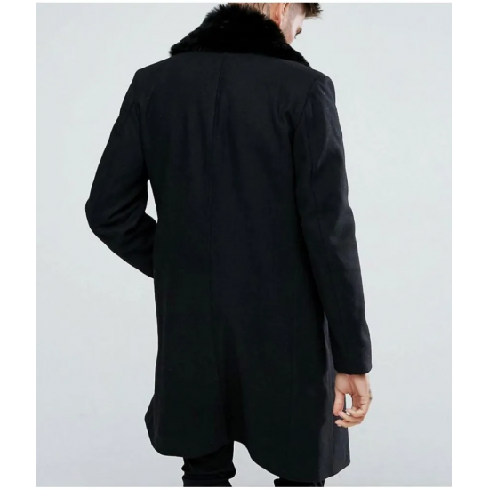 Mens Double Breasted Black Overcoat with Faux Fur Trim