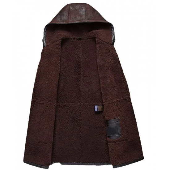 Mens Moda Nellav Dark Brown Shearling Leather Hooded Coat