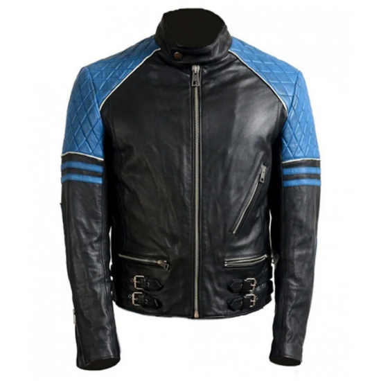 Mens Quilted Biker Stylish Black and Blue Leather Jacket