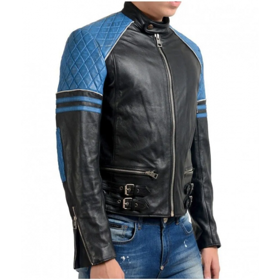 Mens Quilted Biker Stylish Black and Blue Leather Jacket