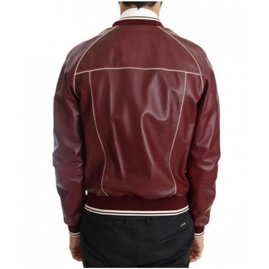 Mens Stitched Bomber Maroon Leather Jacket