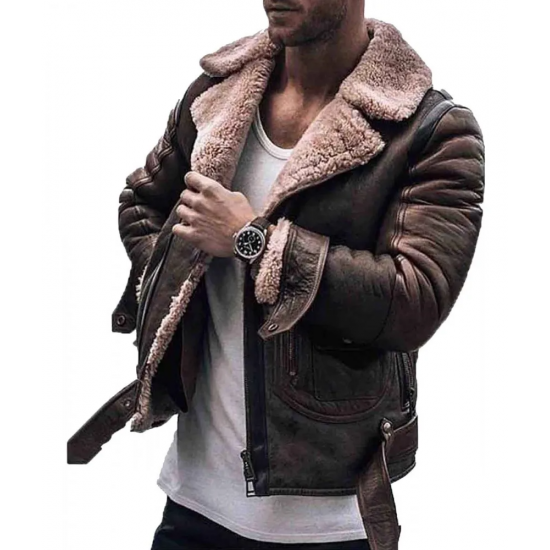 Mens Street Style Brown Shearling Leather Jacket