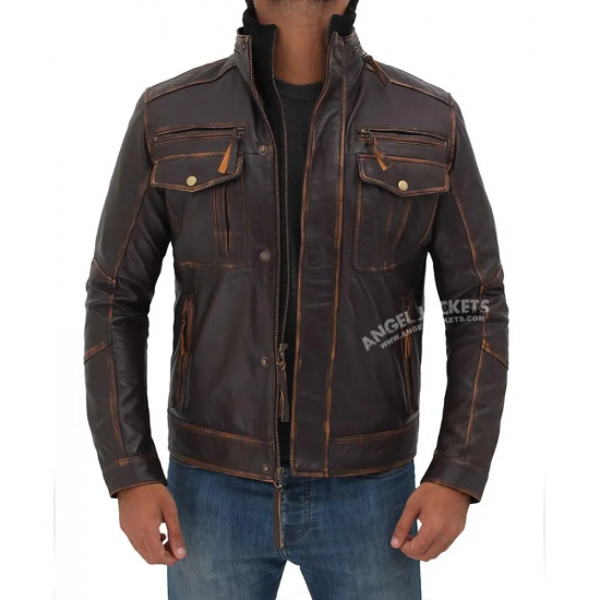 Moffit Dark Brown Genuine Leather Motorcycle Style Jacket