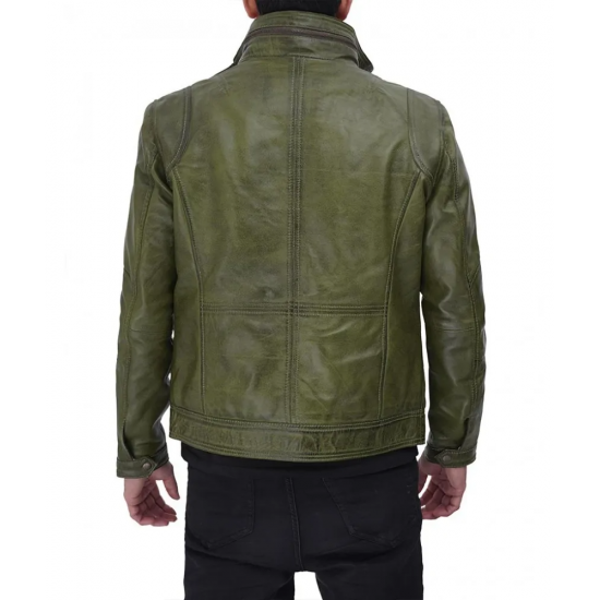 Moffit Distressed Dark Green Leather Jacket Mens