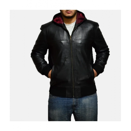 Nintenzo Black Hooded Leather Jacket