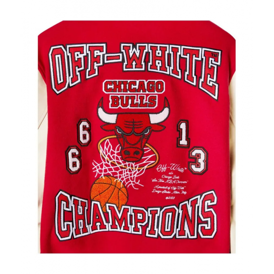 Off White Chicago Bulls Full Snap Wool and Leather Varsity Jacket