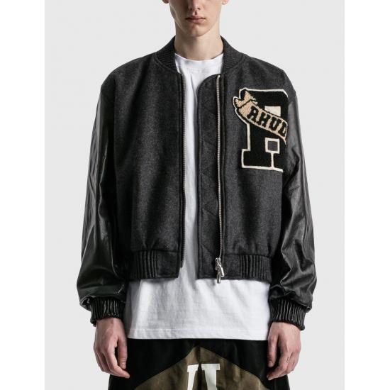 Rhude Grey Leather Lamb Wool Varsity Patch Jacket