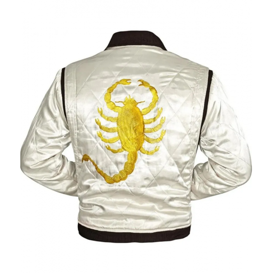 Ryan Gosling Drive Scorpion White Satin Lightweight Casual Bomber Varsity Sports Biker Drive Jacket