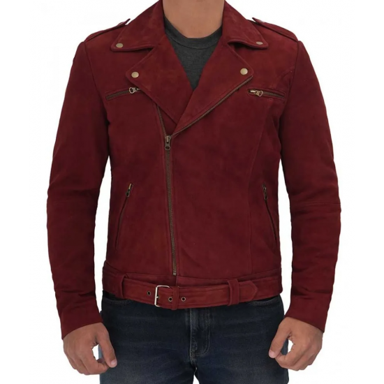 Sean Maroon Suede Biker Jacket Men