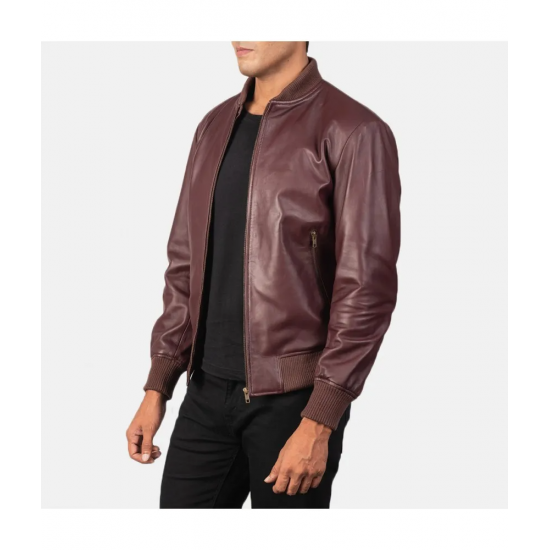 Shane Maroon Leather Bomber Jacket