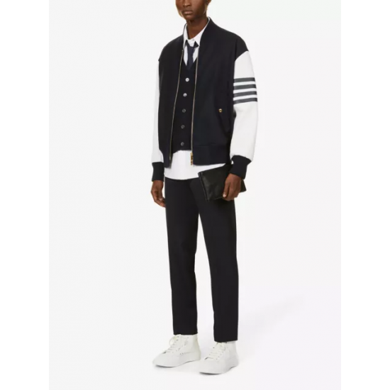 Striped Melton Wool and Leather Bomber Jacket