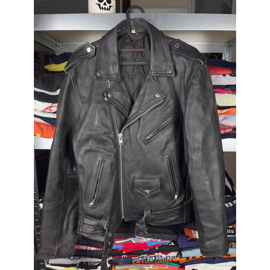 Vintage 1980s Distressed Leather Ramones Racing Black Leather Jacket