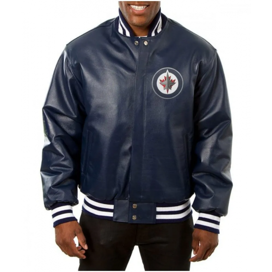 Winnipeg Jets Navy Blue Varsity Leather Jacket