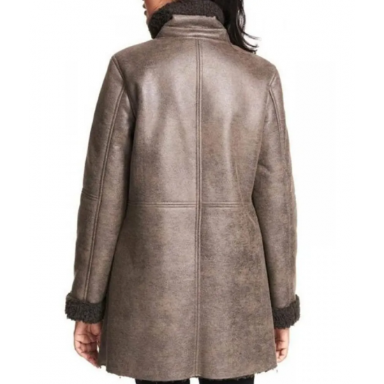 Women Asymmetrical Zip Shearling Leather Coat