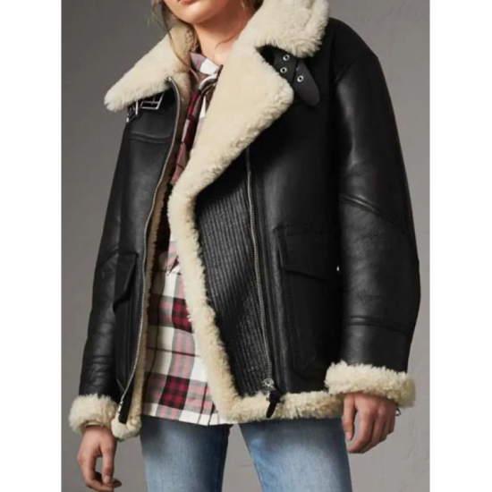 Women’s Aviator Ivory Shearling Black Leather Jacket