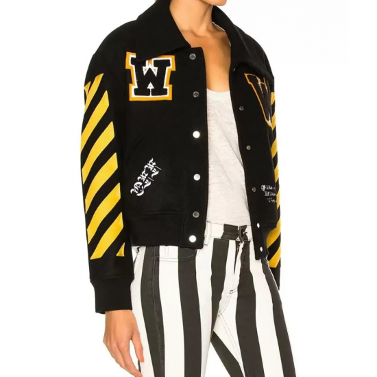 Womens Off White Virgil Abloh Varsity Jacket with Yellow Striped Sleeves