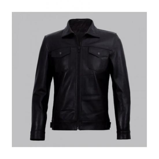 Diran Men Black Classic Leather Jacket with Shirt Collar