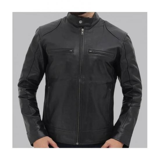 Dodge Black Mens Leather Racer Jacket