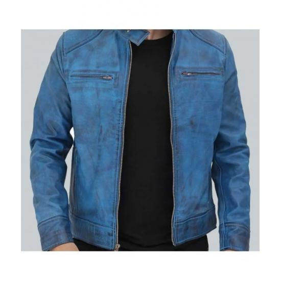 Dodge Cafe Racer Sky Blue Leather Jacket