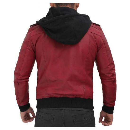 Edinburgh Maroon Hooded Leather Bomber Jacket Mens