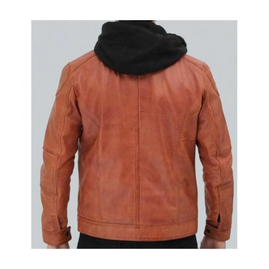 Edward Mens Tan Leather Jacket with Hood