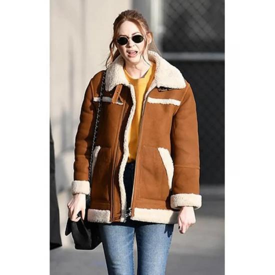 Elegant Karen Gillan Sheepskin Shearling Leather Jacket Coat