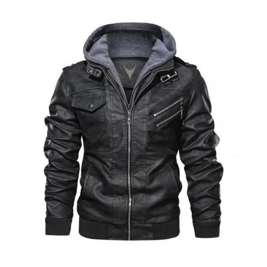 Ferndale Black Leather Jacket with Hood Mens