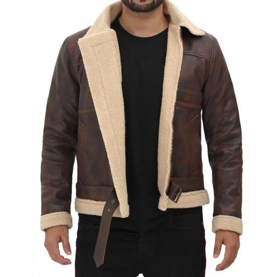 Foligno Brown Distressed Shearling Bomber Leather Jacket