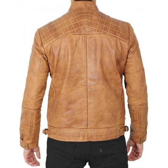 Johnson Quilted Distressed Camel Leather Jacket Mens