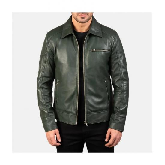 Lavendard Green Leather Biker Jacket