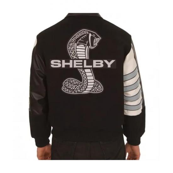 Embroidered Shelby Wool Black and Gray Leather Jacket